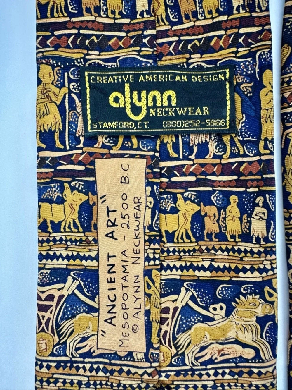 ANCIENT ART—Mesopotamia Blue & Gold Classic Silk Tie by Alynn Neckwear, 3.75”